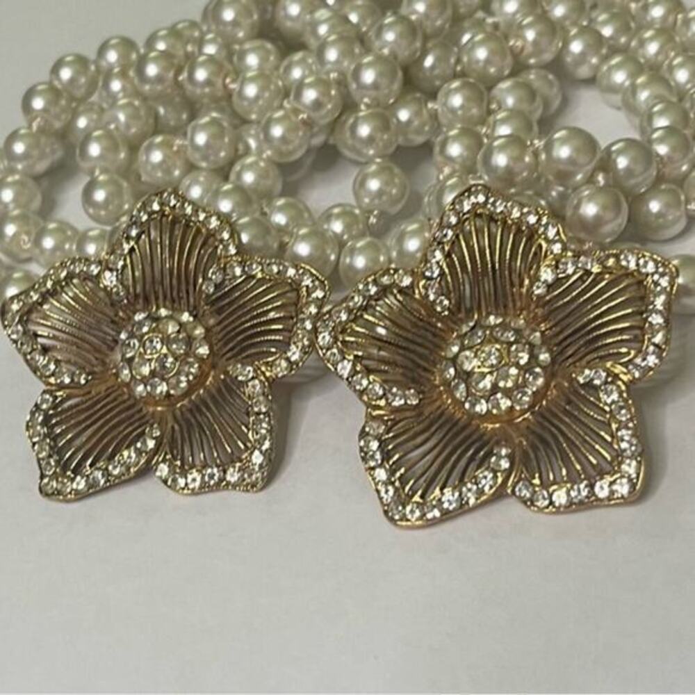 Vintage 80s 1980s Oversized Gold Rhinestone Crystal Flower Statement Earrings C3